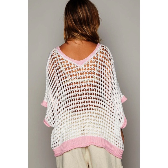 POL White & Pink Peace Sign Sheer Open Weave Layering Top - Picture 5 of 9